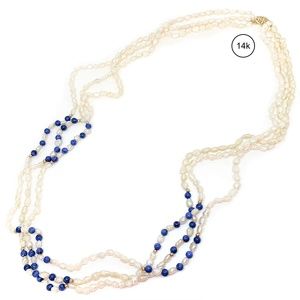 14K GOLD Pearl and Lapis Vintage necklace gift womens jewelry